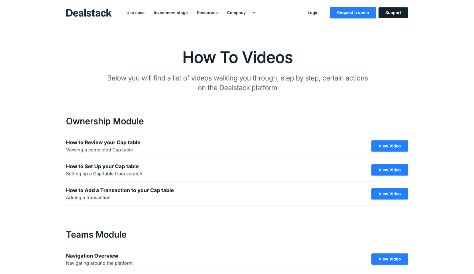 Image of Dealstack project - How to Videos page.